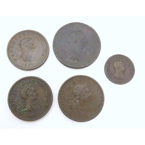 802 - Coins: Assorted 18thC and later coins and tokens to include a Geo III 'Ceylon 1 half silver' 1815 co... 