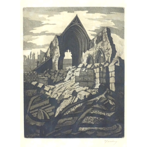 7 - C. Fereday, 20th century, Engraving, A church ruin. Signed in pencil under. Approx. 9 1/2