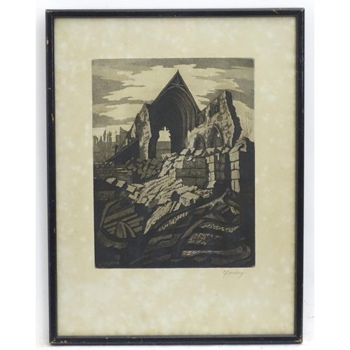 7 - C. Fereday, 20th century, Engraving, A church ruin. Signed in pencil under. Approx. 9 1/2