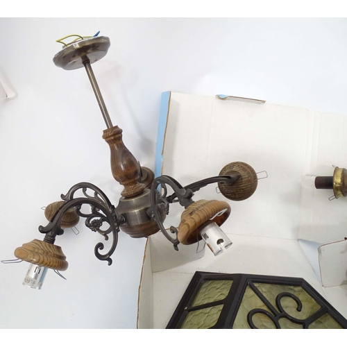 19 - Assorted late 20thC lighting to include two lantern formed pendant lights, two 5-branch pendant ligh... 