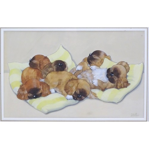 127 - Three assorted watercolours to include six puppies sleeping on cushions, by Chloe Preston, a sail sh... 