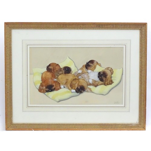 127 - Three assorted watercolours to include six puppies sleeping on cushions, by Chloe Preston, a sail sh... 