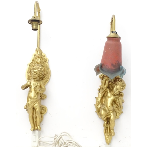 138 - Two 20thC gilt wall lights with cherub decoration, each approximately 21