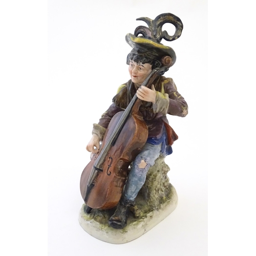 64 - A Continental figure modelled as a female musician playing the cello wearing a hat with a feather. M... 