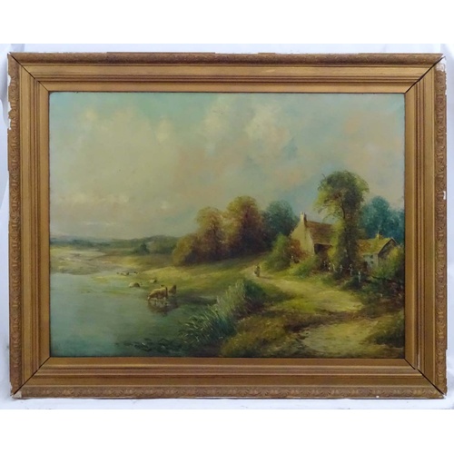 1080 - Indistinctly signed F. Ball, 19th century, Oil on canvas, A country landscape with cattle watering a... 