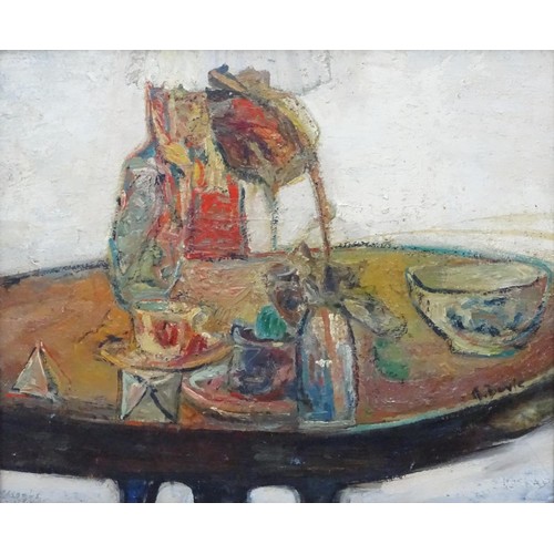 1087 - A. Davie, 20th century, Oil on board, A still life study with a tea cup, bowl, vases, etc. on a circ... 