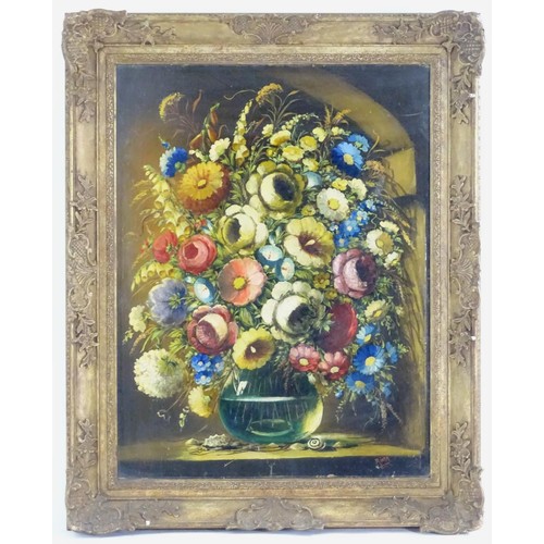 1088 - Rima, 19th / 20th century, Oil on board, A still life study of flowers in a vase on a ledge with she... 