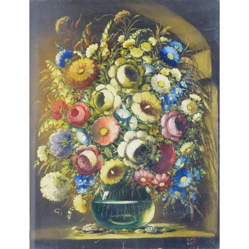 1088 - Rima, 19th / 20th century, Oil on board, A still life study of flowers in a vase on a ledge with she... 