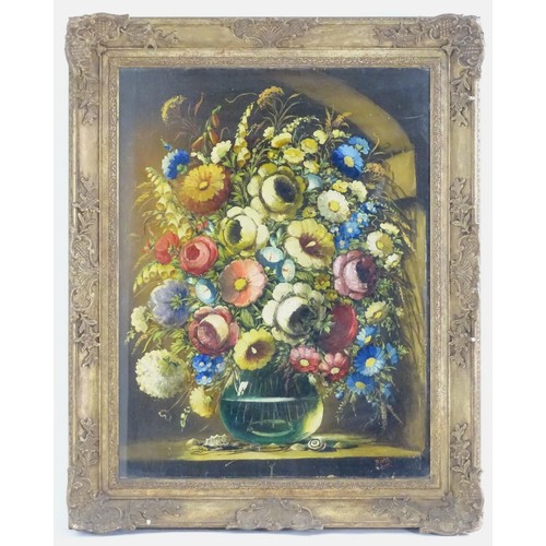 1088 - Rima, 19th / 20th century, Oil on board, A still life study of flowers in a vase on a ledge with she... 