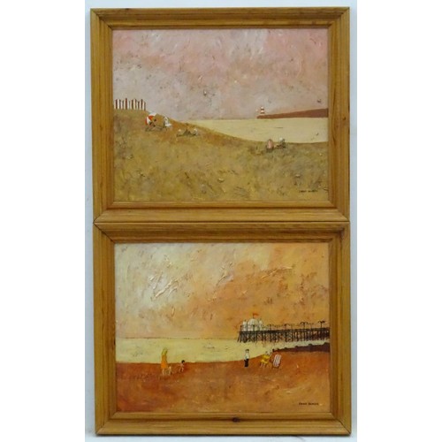 1112 - Fran Slade, 20th century, Oil on board, A pair of beach scenes one with figures and a pier, the othe... 