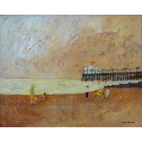 1112 - Fran Slade, 20th century, Oil on board, A pair of beach scenes one with figures and a pier, the othe... 