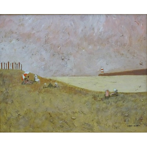 1112 - Fran Slade, 20th century, Oil on board, A pair of beach scenes one with figures and a pier, the othe... 