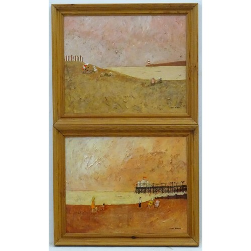 1112 - Fran Slade, 20th century, Oil on board, A pair of beach scenes one with figures and a pier, the othe... 