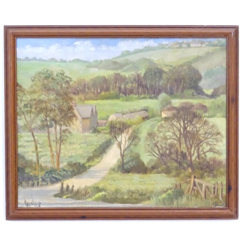 1117 - Manner of Ronald Ossory Dunlop (1894-1973), English School, Oil on board, A hilly landscape view wit... 