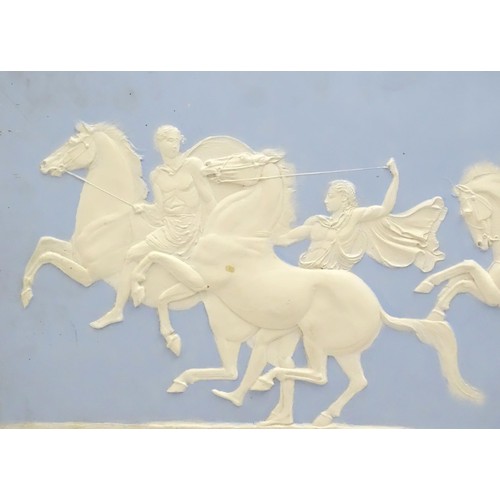 144 - Two frieze panels / plaques in the Wedgwood Jasperware style with relief decoration depicting a styl... 