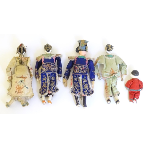 1065 - Five late 19th / early 20thC Chinese dolls with painted composite heads, hands and legs, each with e... 