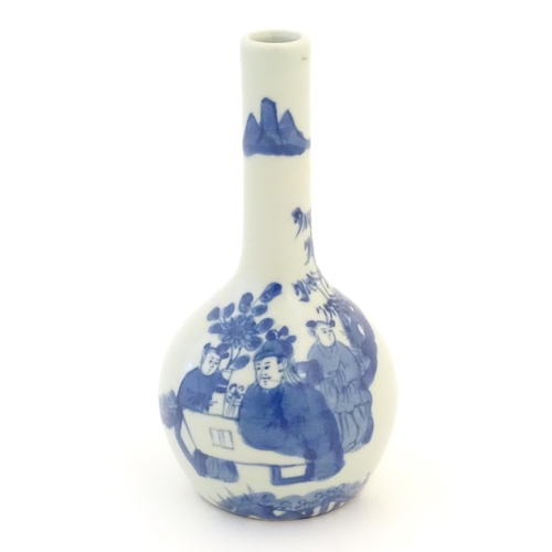12 - A Chinese blue and white bottle vase decorated with a scholar and two attendants in a garden. Charac... 