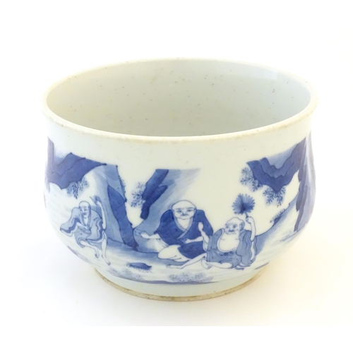 15 - A Chinese blue and white censer decorated with figures in a landscape scene. Approx. 5