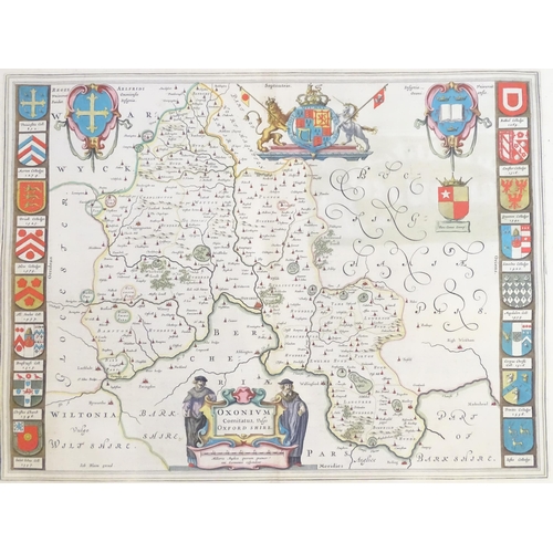 722 - Map: A 17thC engraved map of Oxford after Johannes Blaeu titled Oxonium Comitatus Vulgo Oxfordshire.... 
