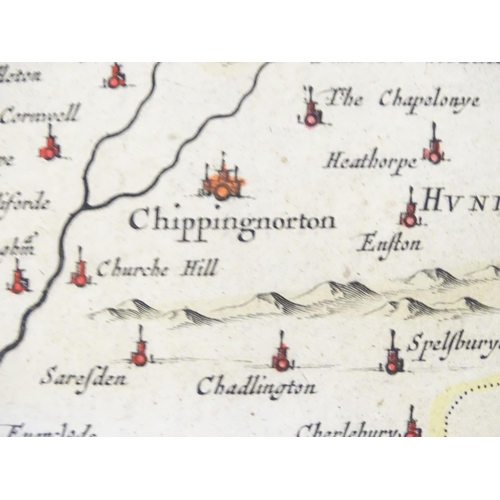 722 - Map: A 17thC engraved map of Oxford after Johannes Blaeu titled Oxonium Comitatus Vulgo Oxfordshire.... 