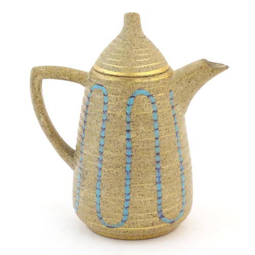 66 - A Clarice Cliff coffee pot in the Goldstone pattern, with blue detail on a mottled ground. Marked un... 