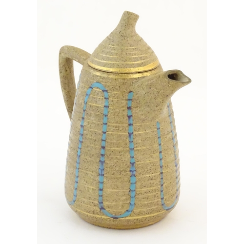 66 - A Clarice Cliff coffee pot in the Goldstone pattern, with blue detail on a mottled ground. Marked un... 