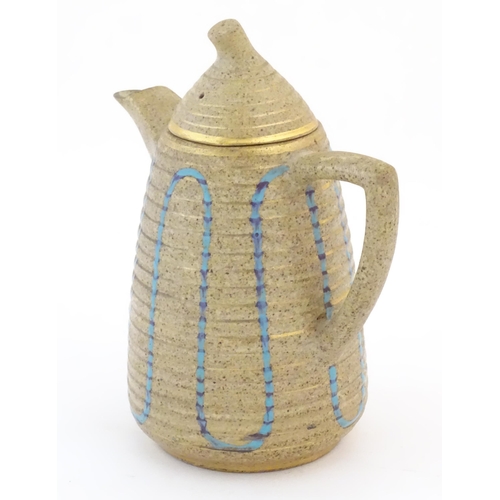 66 - A Clarice Cliff coffee pot in the Goldstone pattern, with blue detail on a mottled ground. Marked un... 