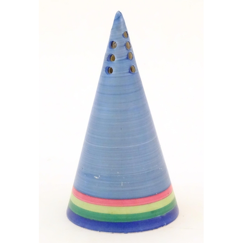 67 - A Clarice Cliff sugar caster of conical form decorated with a blue ground and banded base. Marked un... 