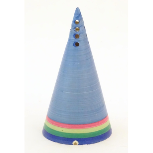 67 - A Clarice Cliff sugar caster of conical form decorated with a blue ground and banded base. Marked un... 