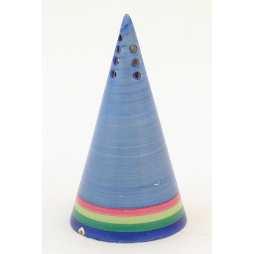 67 - A Clarice Cliff sugar caster of conical form decorated with a blue ground and banded base. Marked un... 