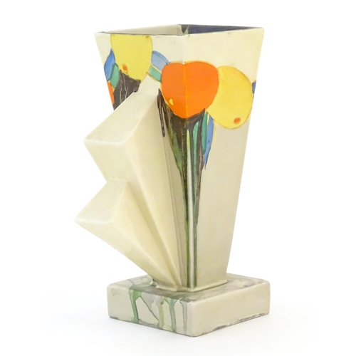 70 - A Clarice Cliff Art Deco angular vase in the Delecia pattern with citrus fruit detail. Marked under ... 