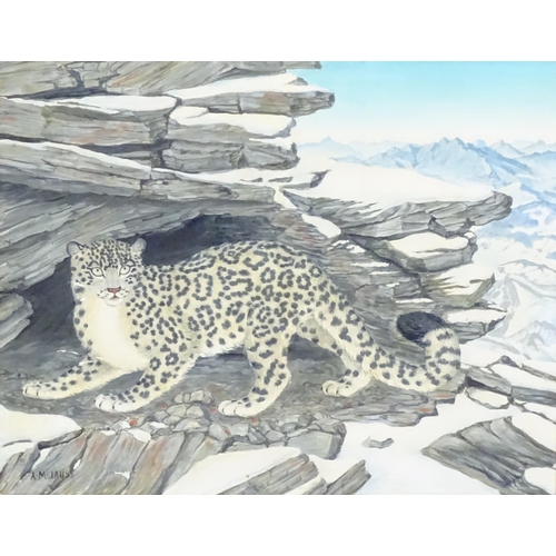 1071 - Anne Marie Jauss (b. 1907), American School, Oil on board, A winter landscape with a snow leopard. S... 