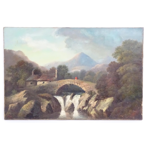 1075 - G. Dell, Early 20th century, Oil on canvas, A mountain landscape with a figure crossing a stone arch... 