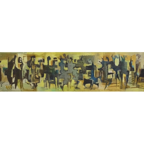 1077 - D. K., 20th century, Oil on board, Office Workers, An abstract composition depicting office workers.... 