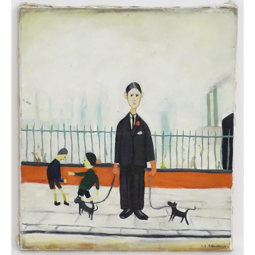 1081 - Manner of Laurence Stephen Lowry (1887-1976), 20th century, Oil on canvas, A street scene with a man... 