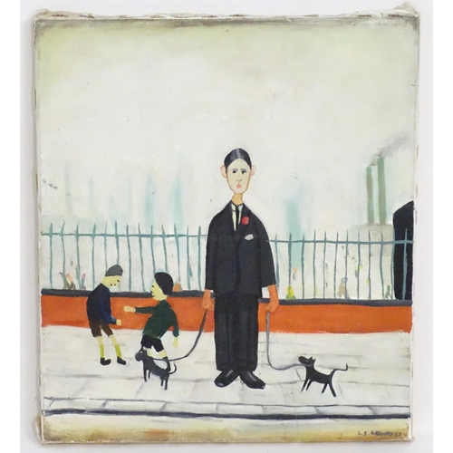 1081 - Manner of Laurence Stephen Lowry (1887-1976), 20th century, Oil on canvas, A street scene with a man... 