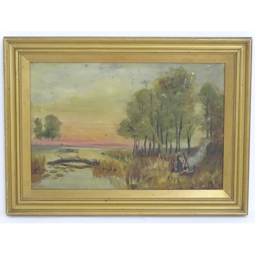 1090 - M. Moore, 19th century, Oil on canvas, A river landscape at sunset with figures by campfire on the b... 