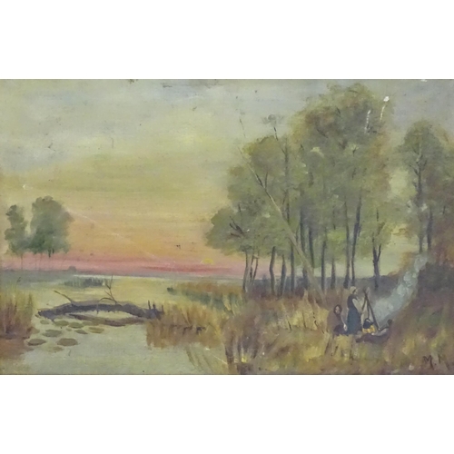 1090 - M. Moore, 19th century, Oil on canvas, A river landscape at sunset with figures by campfire on the b... 