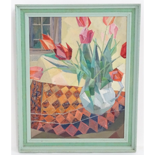 1091 - Anne Bloy, 20th century, Oil on board, Tulips, A still life study with Cubist style flowers. Ascribe... 