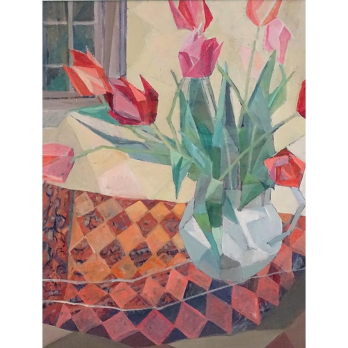 1091 - Anne Bloy, 20th century, Oil on board, Tulips, A still life study with Cubist style flowers. Ascribe... 