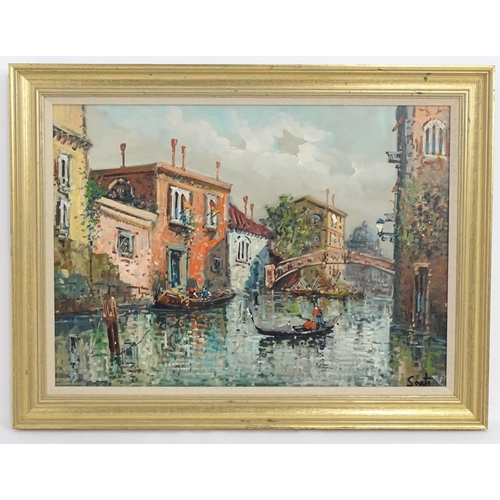 1092 - Sarti, 20th century, Continental School, Oil on canvas, A view of Venice with a bridge and gondolas.... 