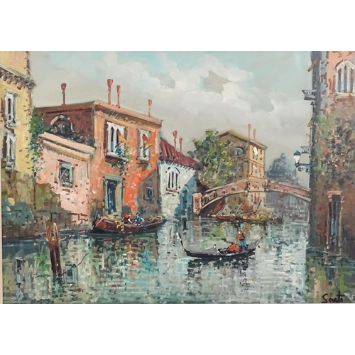 1092 - Sarti, 20th century, Continental School, Oil on canvas, A view of Venice with a bridge and gondolas.... 