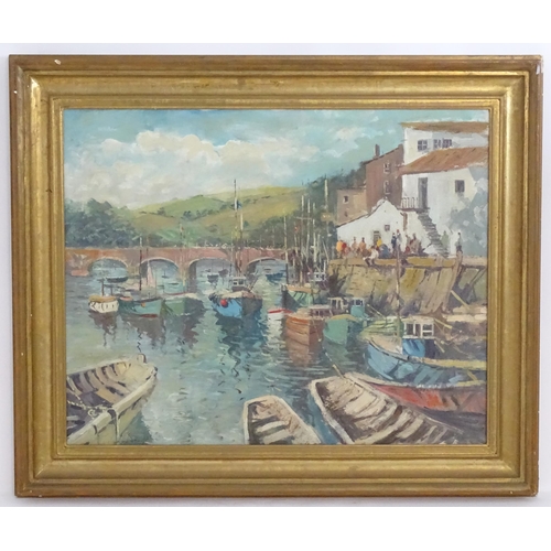 1093 - Manner of Edward Seago (1910-1974), Oil on canvas, A harbour scene with moored fishing boats and an ... 