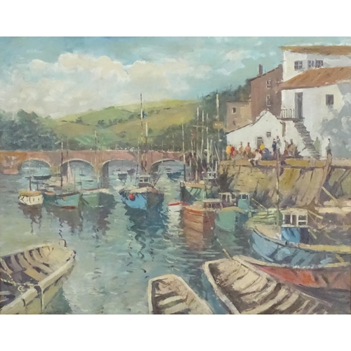 1093 - Manner of Edward Seago (1910-1974), Oil on canvas, A harbour scene with moored fishing boats and an ... 