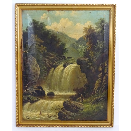 1094 - A. Taylor, 19th century, Oil on canvas, A wooded waterfall scene with a figure fishing. Signed lower... 