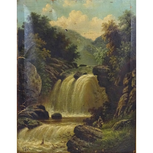 1094 - A. Taylor, 19th century, Oil on canvas, A wooded waterfall scene with a figure fishing. Signed lower... 