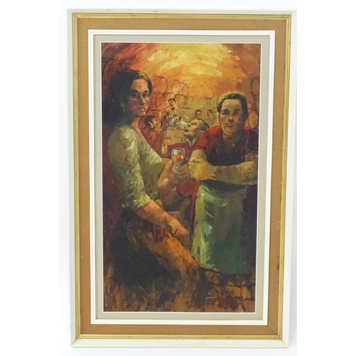 1095 - WITHDRAWN FROM AUCTION - 
20th century, Oil on canvas laid on board, The Wine Bar, An interior scene... 