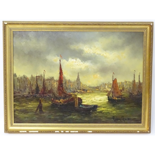 1097 - 20th century, Continental School, Oil on canvas, A harbour view with moored fishing boats at sunset.... 