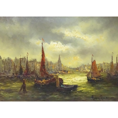 1097 - 20th century, Continental School, Oil on canvas, A harbour view with moored fishing boats at sunset.... 