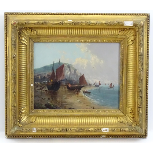 1098 - Manner of William Thornley (1857-1935), Oil on board, Hastings beach with moored fishing boats. Sign... 